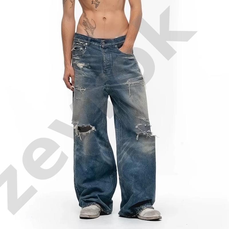 Designer High Quality Oversized Streetwear Baggy Ripped Distressed Wide Leg Jeans Men Women Blue Washed Denim Pants Loose Straight Mid Waist Streetw