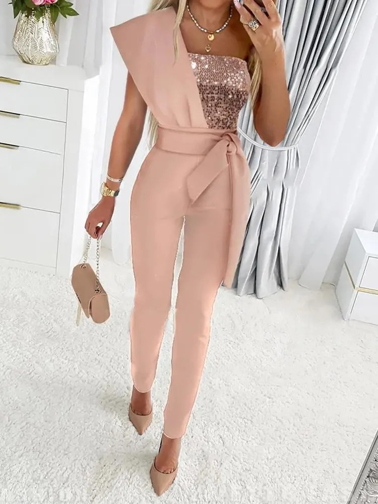 Elegant Women Sequins Patchwork Bodycon Jumpsuit Summer Fashion One Shoulder Prom One Piece Belt Trouser Overalls Jumpsuits 261015