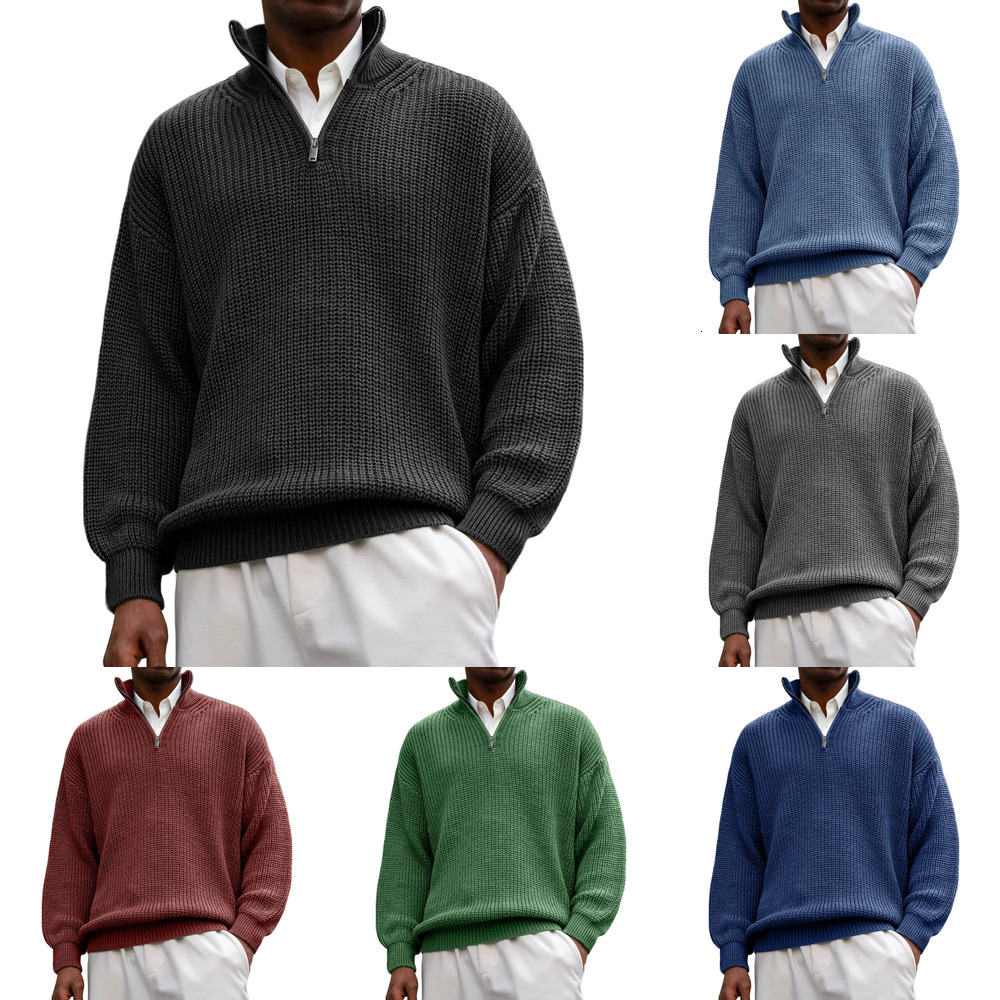 2026 New Cross Border Fashion Men's Sweater Casual Long Sleeve Half Zip Stand Up Collar Polo Shirt Top For Men 1be7