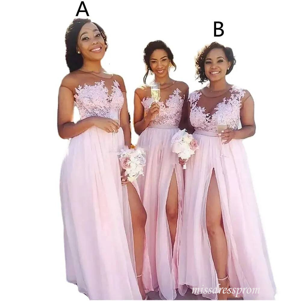 Boho Blush Pink Bridesmaid Dress Sexy Chiffon Side High Split Floor Length A Line Wedding Guest Gown Illusion Lace Appliques Top Long Gowns Custom M