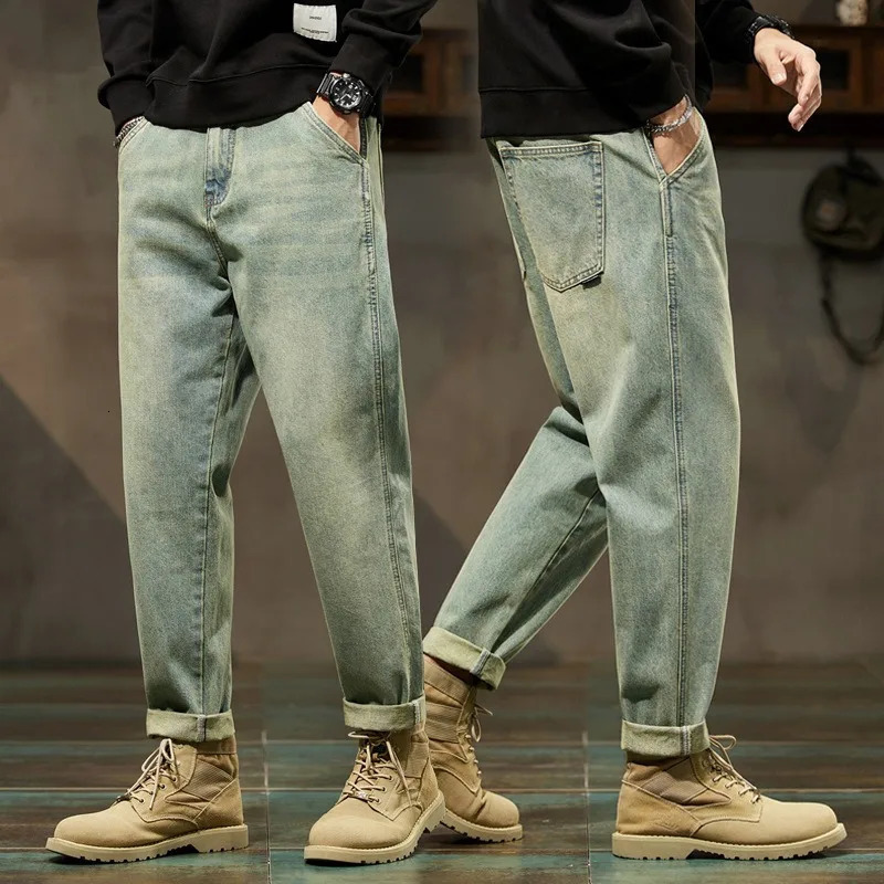 Mens Spring 2026 Loose Harem Pants Denim Retro Solid Comfortable Harajuku Straight Jeans Simple Fashion Versatile Cargo Trouser 261017