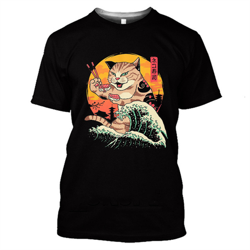 2026 Pinduoduo Hot Selling New Men's Top Cute Cartoon 3D Digital Cat Print Round Neck Short Sleeve Free Shipping