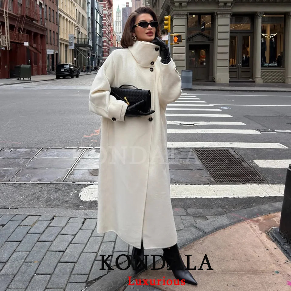 KONDALA High Street Chic Women Long Coat Single Button Long Sleeve Stand Collar Loose Coat Fashion Winter Long Coat 261016