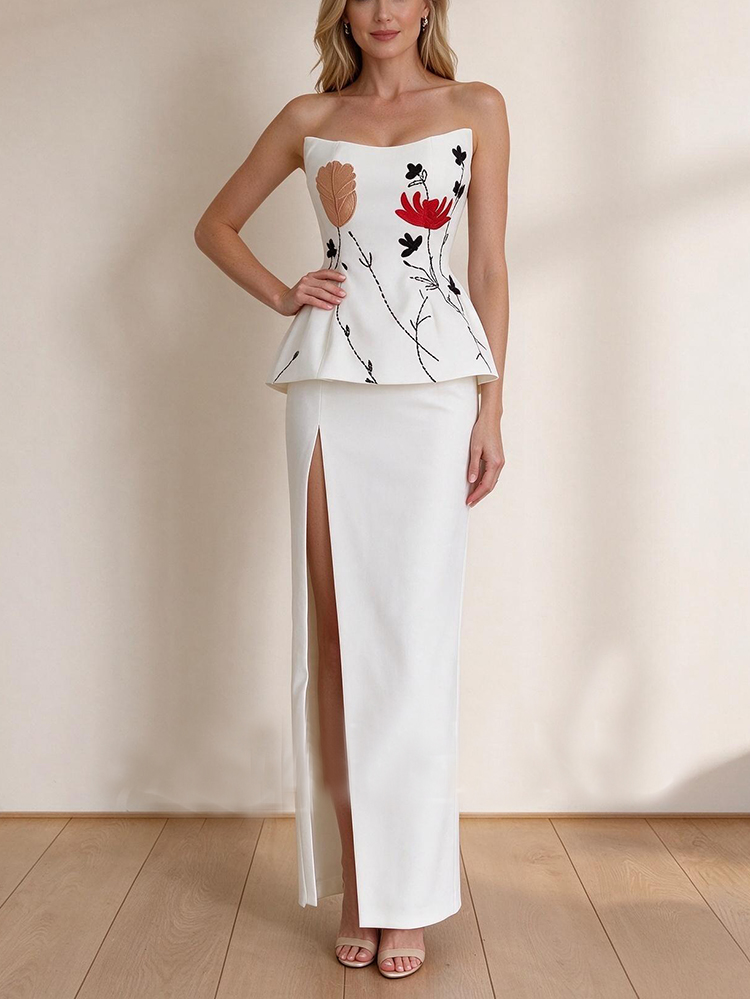 Women Runway Dress Fashion Elegant Party Holiday Midi Vestidos Sexy Split Strapless Embroidery Sliming Bottom Lady