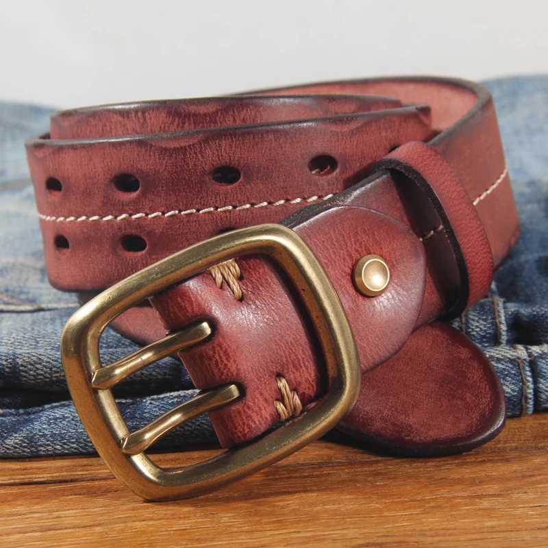 Double Wide Men's Breasted 3.8cm Belt Cowhide Double Prong Buckle Handmade Heavy Duty Belt Fashion Jeans Belt Brown M261016