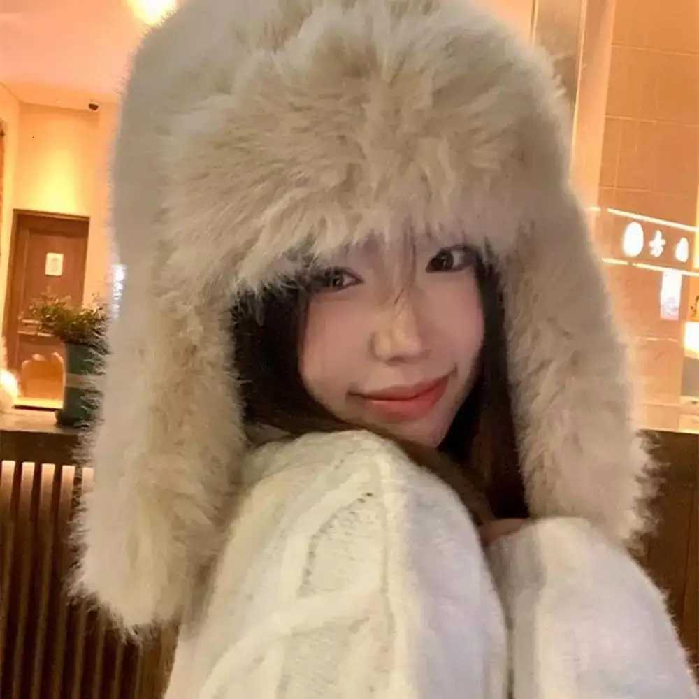 Trapper Hats Y2K Faux Fur Bomber Hat Winter Thickened Warm Plush Women's Hats Outdoor Skiing Russian Hat Korean Ushanka Ear Protection HatsT261