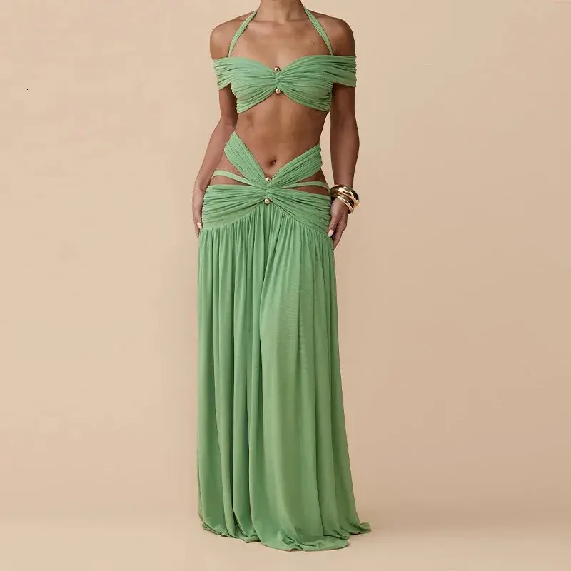 Urban Sexy Dress Green Chiffon Two bodycon Piece Maxi And Off Shoulder Halter Crop Top Set Cutout Waist Gold Button Detail Flowy Skirt Sexy Clubwear