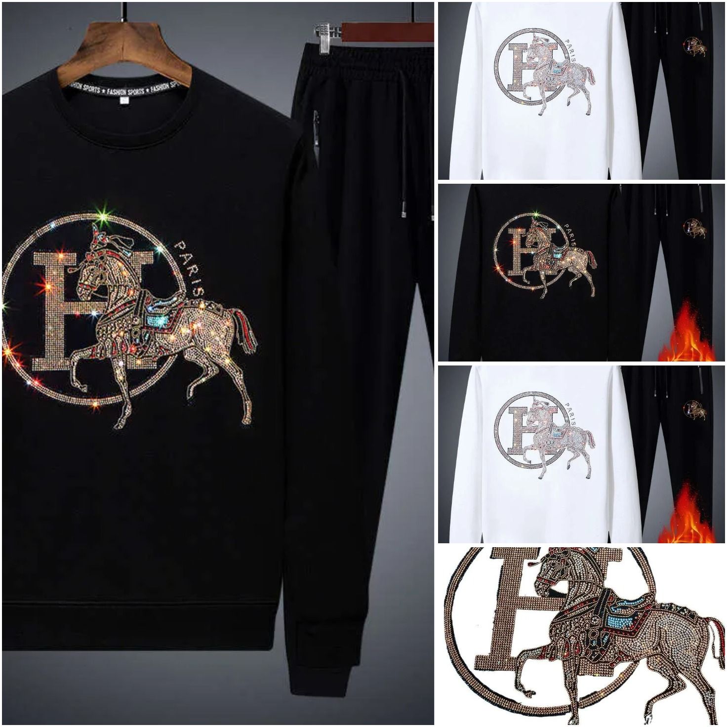 Suit Jacket Men Luxury Inspired Rhinestone Horse Pattern Pullover Top Two Piece Tracksuit Set Casual Daily Wear Black