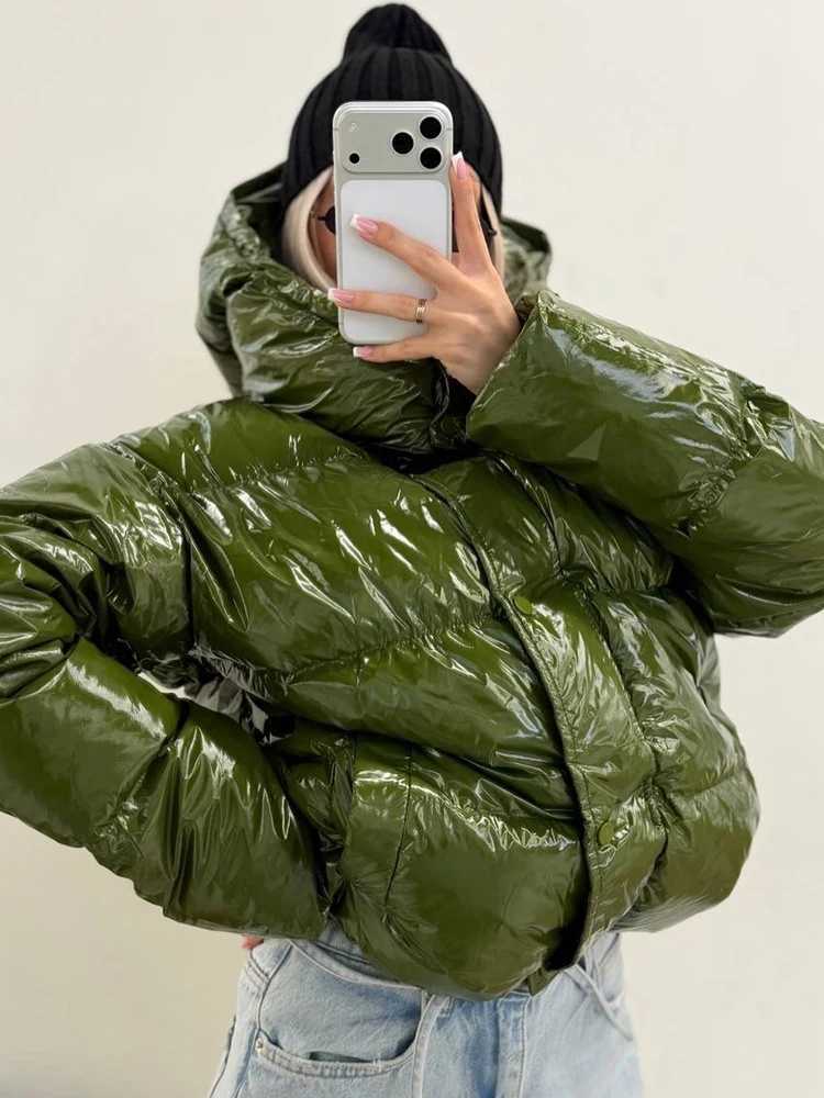 Women's Down Parkas Shiny Glossy Jacket Hooded ZipUp Winter Coat Women Short Top LongSleeve Loose Jacket Streetwear Warm Clothes Quilted Padded