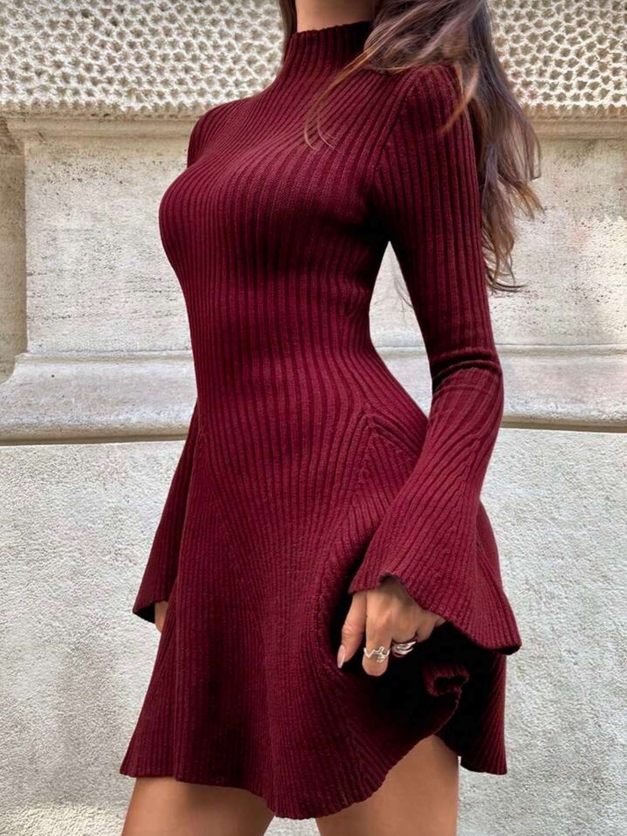 Womens Turtleneck Rib Knit Dress Long Flared Sleeve Slim A-line Knitted Midi Sweater Dress