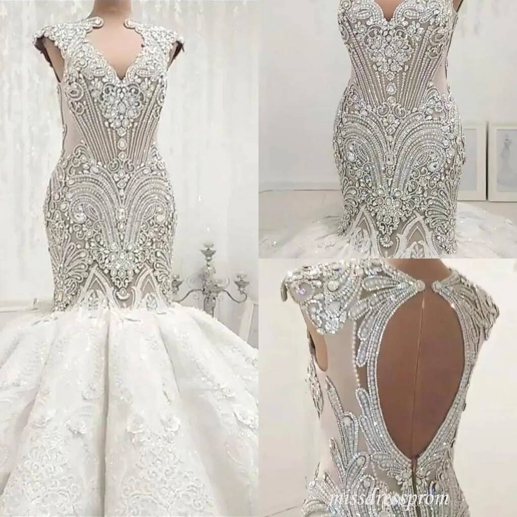 Luxury Beading Crystals Mermaid Dresses Sheer Jewel Neck Sleeveless Lace Appliques Wedding Dress Bridal Gowns Plus Size
