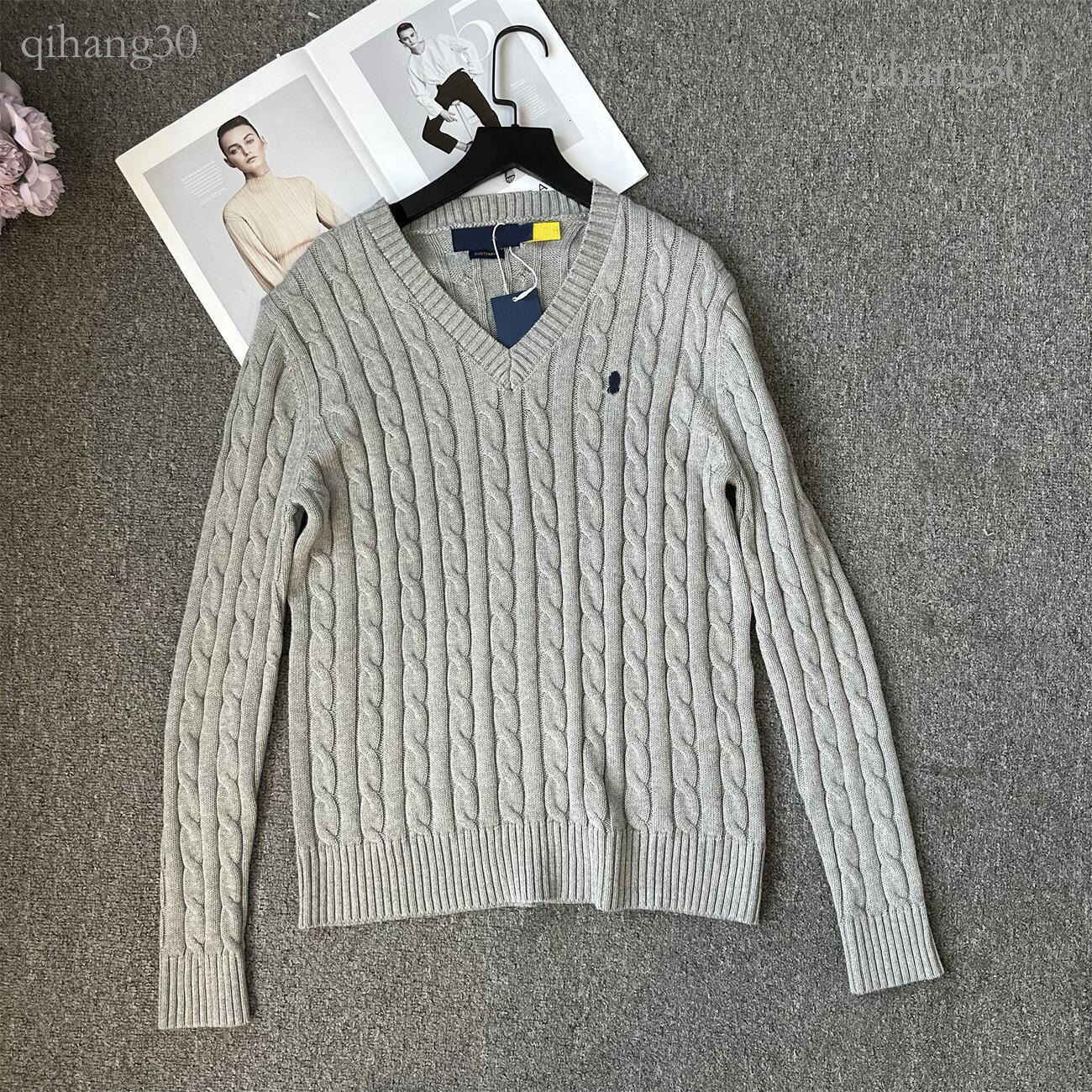 Ralfs Laure Women Designer Pony Embroidery Sweater Luxury Clothes Women V Neck Long Sleeve Solid Color Wool American Style Knitted Polo Sweater Pull