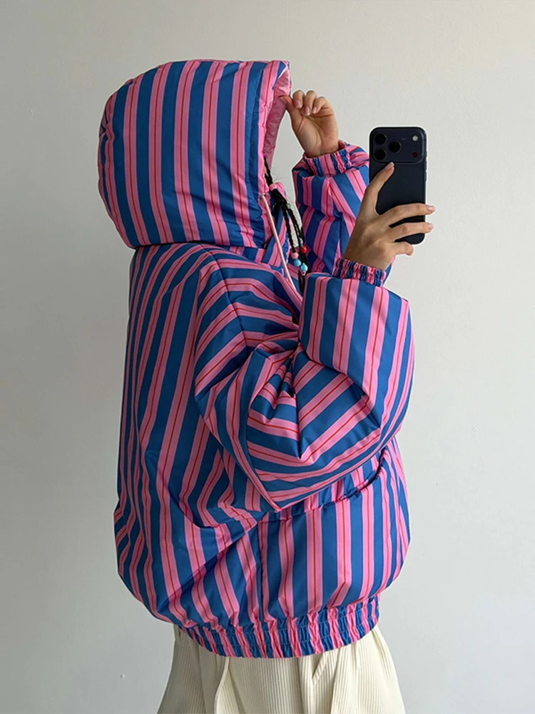 Stripe Print Womens Coat With Hat Zipper Loose Color Block Female Thick Double Wearable Jacket 2026 Winter Fashion Lady Jackets 261016