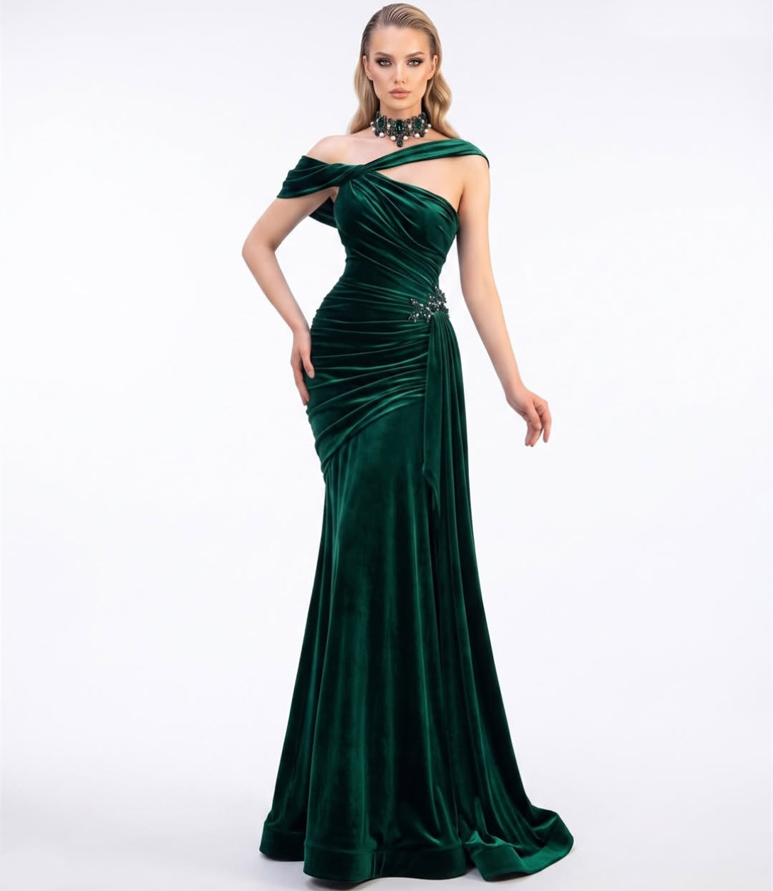 Elegant Long Green Velvet Evening Dresses One Shoulder Mermaid Pleated Watteau Train Formal Occasion Prom Party Gowns for Women