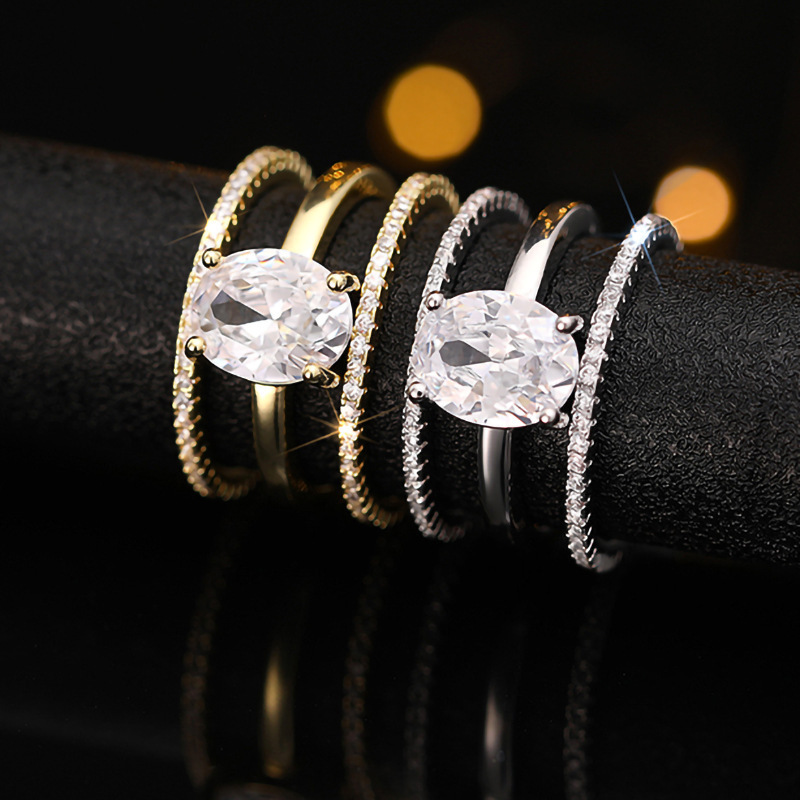 Custom Wholesale Wedding Four-Prong Inlaid Set Of Three, Light Luxury Design Jewelry, Oval Zircon Ring For Women