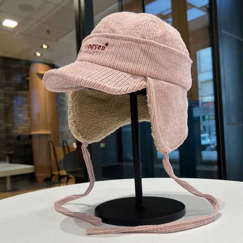Beanie/Skull Caps Korean Letter Embroidery Corduroy Pilot Hat Winter Outdoor Plush Warm Ear Protection Cycling Ski Bomber Hats for Men and Women Q26