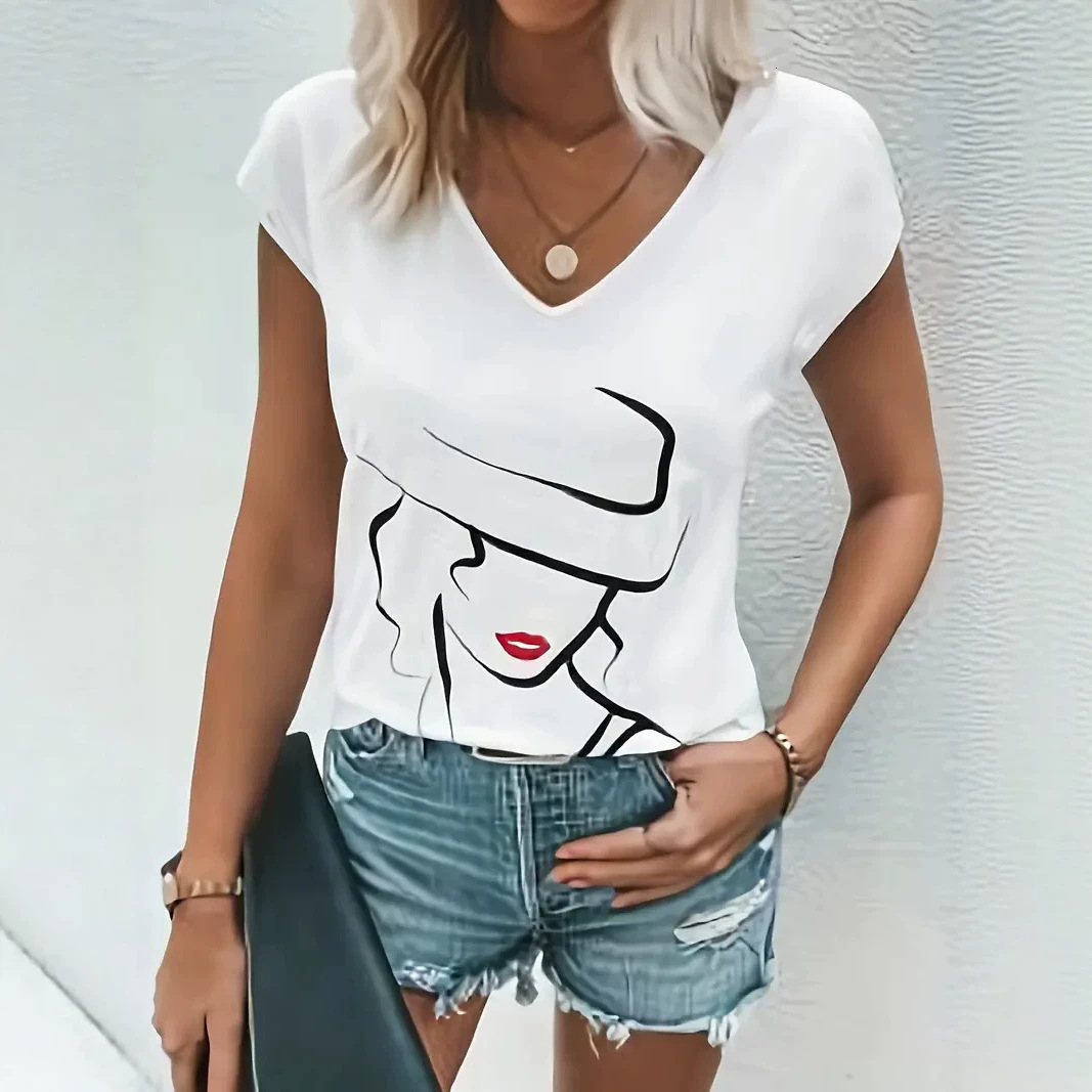 2026 TEMU Women's Short-Sleeved T-Shirt, American-Style Portrait Design, Fashionable 3D Print, Loose And Casual V-Neck Top, Summer Style Free S