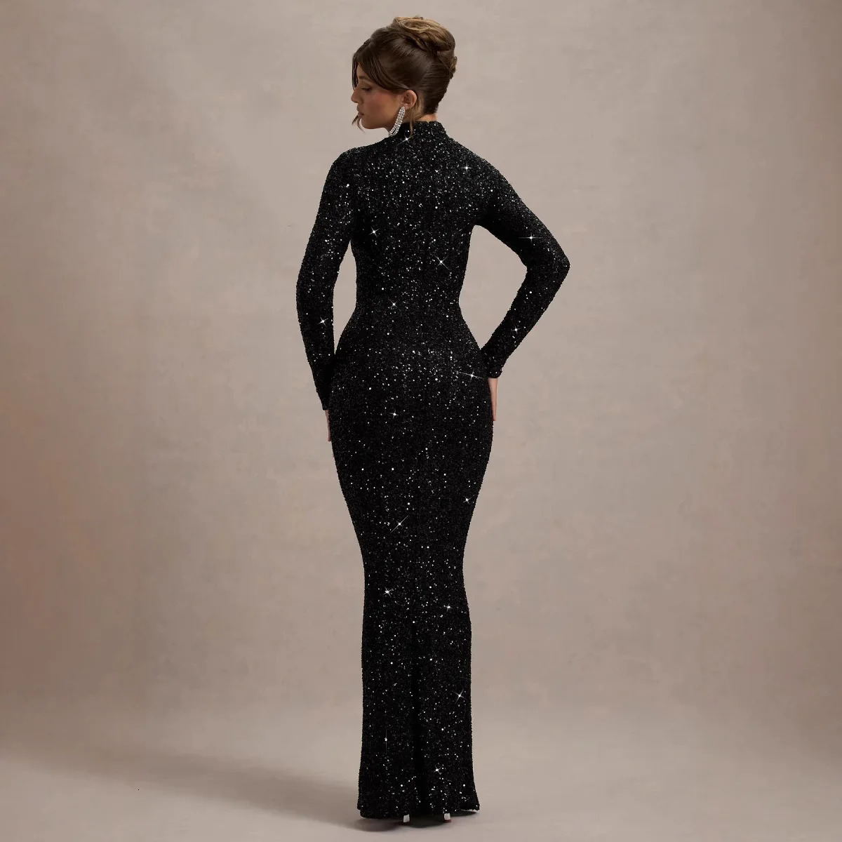 Fashion American European Women's Black Solid Color Long Sleeve Turtleneck Sequined Ankle Length Elegant Dresses Female 261016