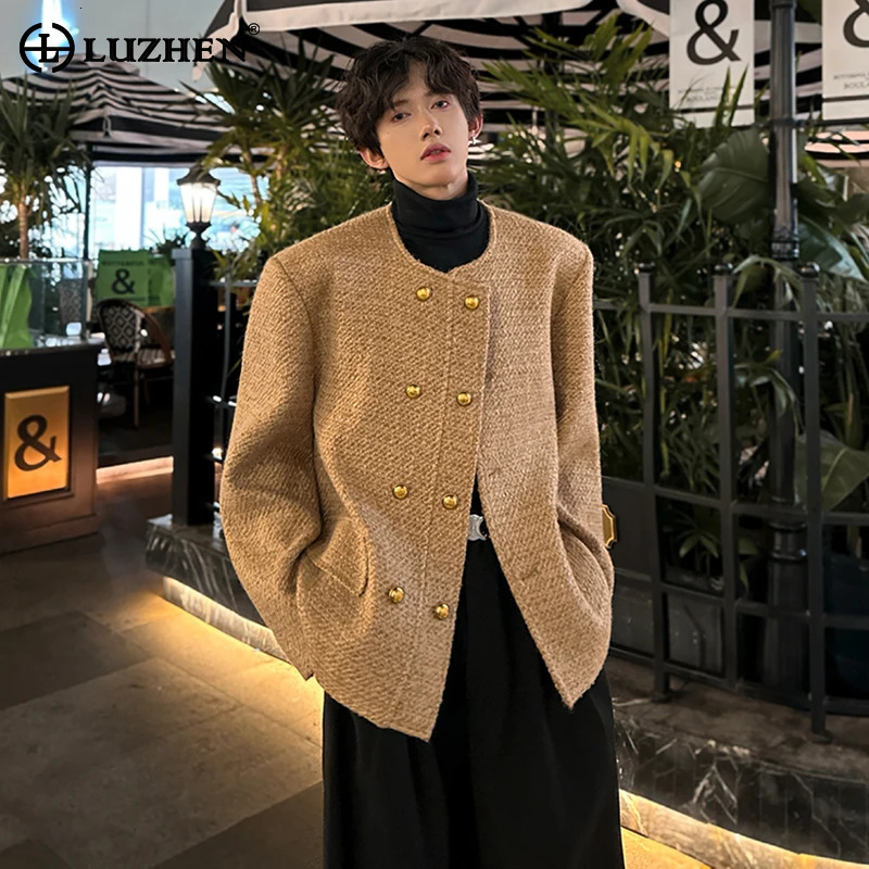 LUZHEN 2026 New High Quality Double Breasted Wool Casual Jacket Men's Round Neck Solid Color Shoulder Pad Coat
