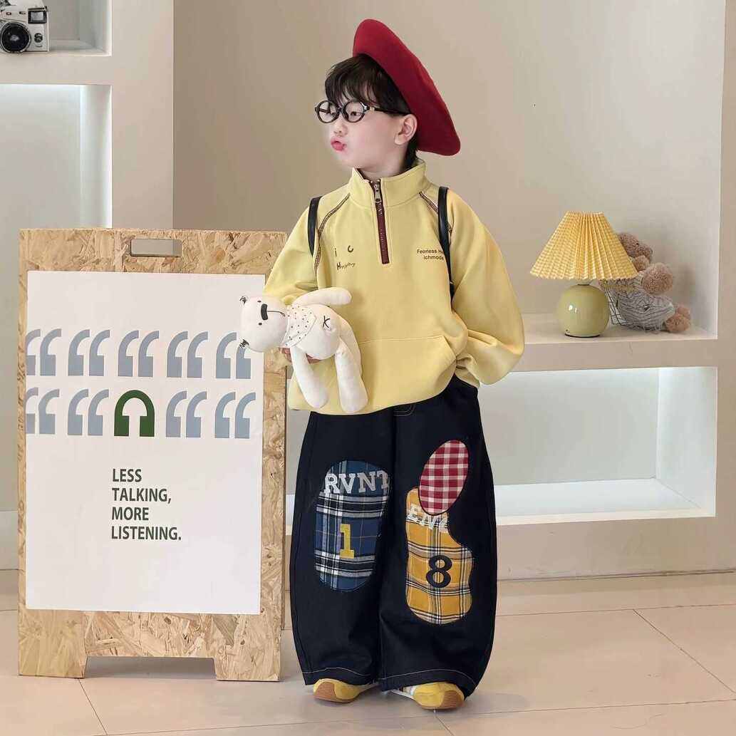 Girls Hoodie Boys Cream Colored Cute Sweatshirt 2026 Spring/Autumn New Letter Print Stand Up Collar Top Two pullover Piece Set Crew Neck Sw