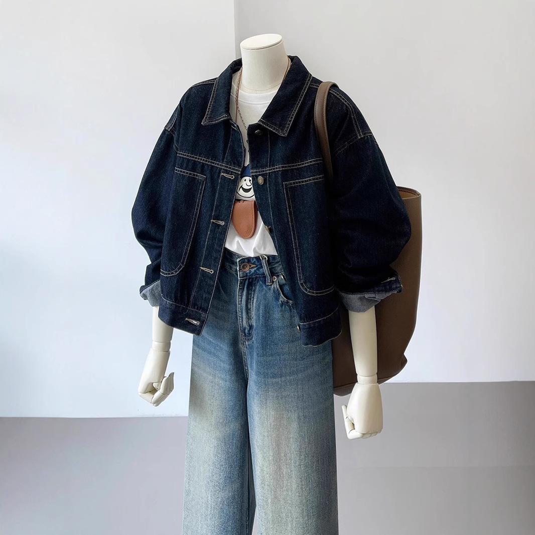 Dark Blue Short Denim Jacket For Women Workwear Style Autumn New Korean Version Casual Pocket Design Slimming Top Luxury Women's jackets, tops,
