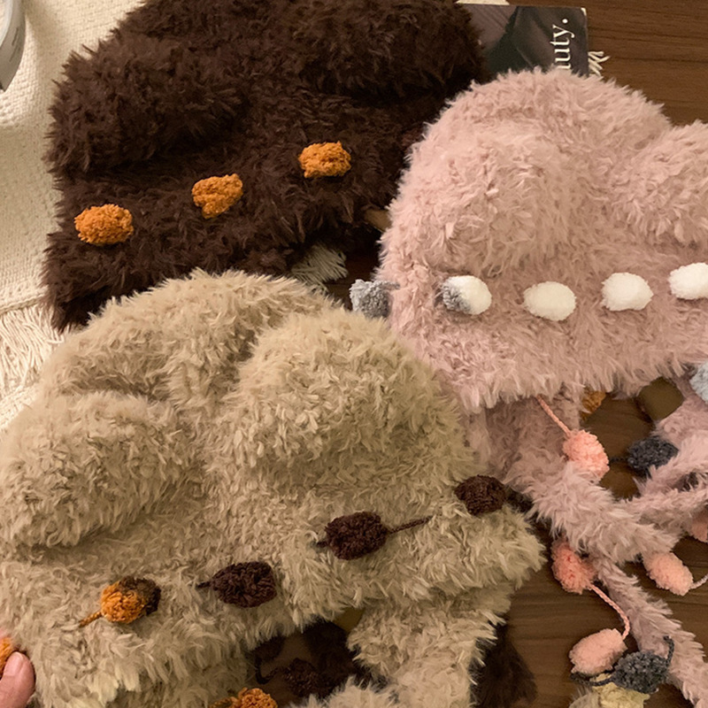 Bear-ear plush knitted for women, cute face-slimming, warm and ear-protecting, winter beanie, cold-resistant Lei Feng hat