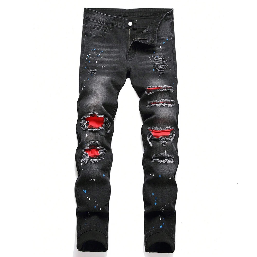 Mens Y2K Fashion Ripped Patchwork Hole Straight Black Jeans Slim Fit Stretchy Skinny Denim Pants Casual Hip Hop Trousers 261016