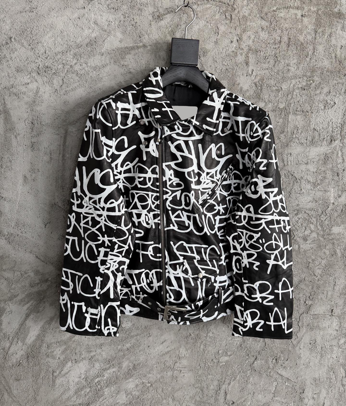 Men's plus size Outerwear & Coats joint graffiti motorcycle leather jacket, made of Nappa top cowhide