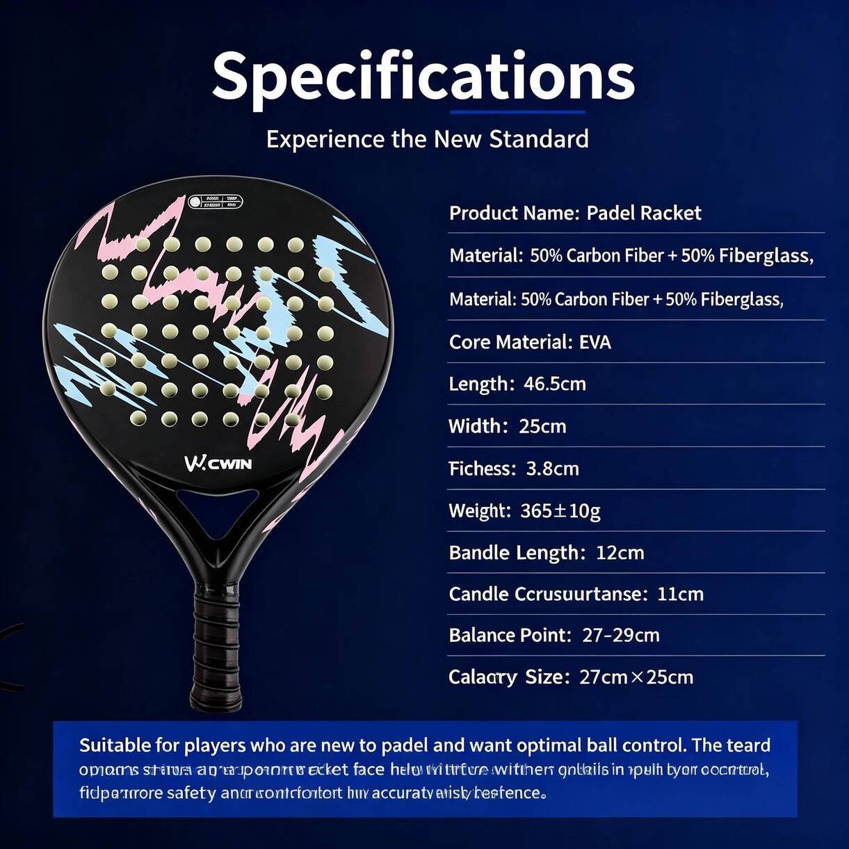 Multi-Piece Tennis Racket Matching Kits CWIN Padel full * graphite professional tournament racquets Racket Carbon Fiber 50% Fiberglass Lightweight 3