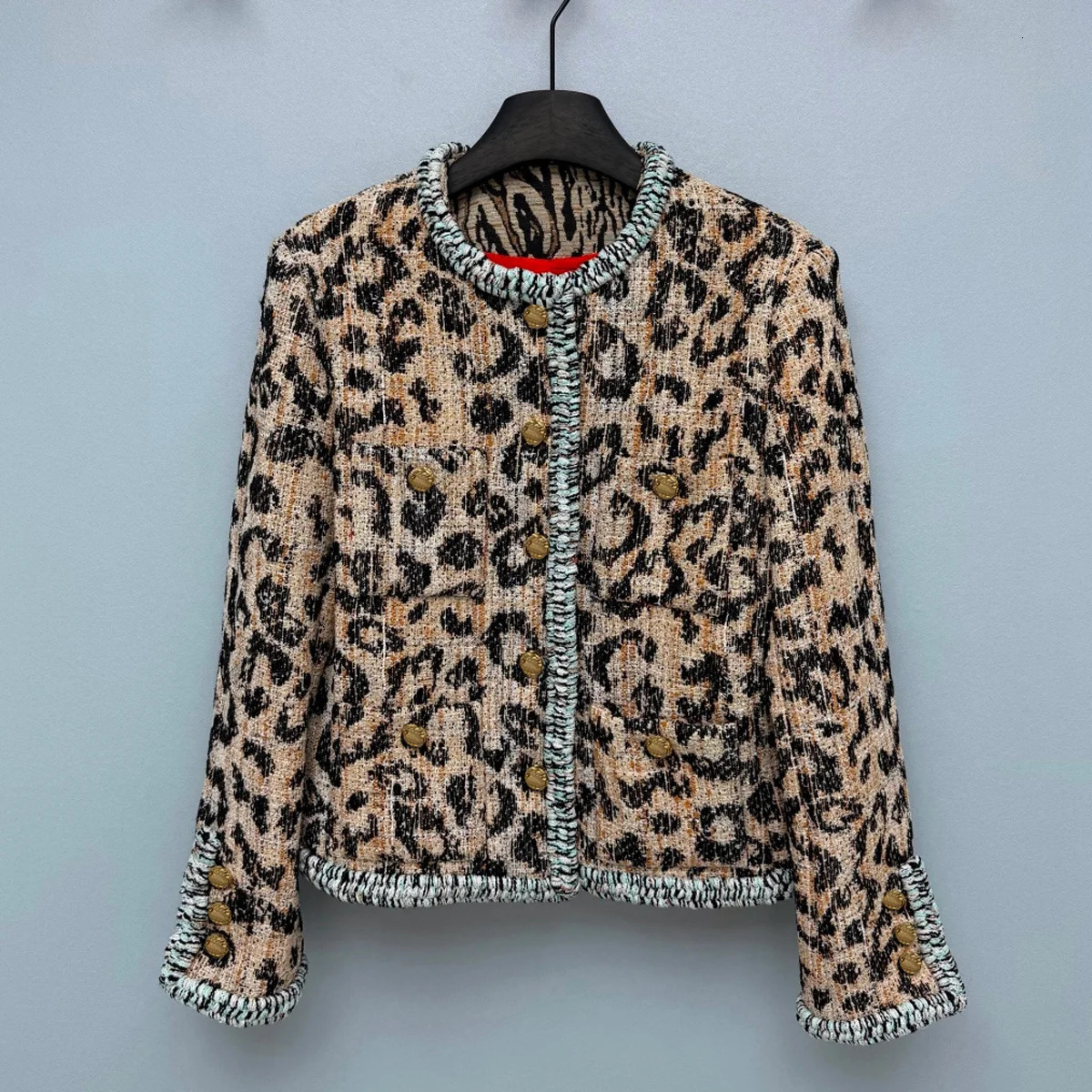High Quality Women Leopard Print Tweed Jacket Fringe Trim Gold Button Decor Short Outerwear With Pockets Lyt2026010139 261014