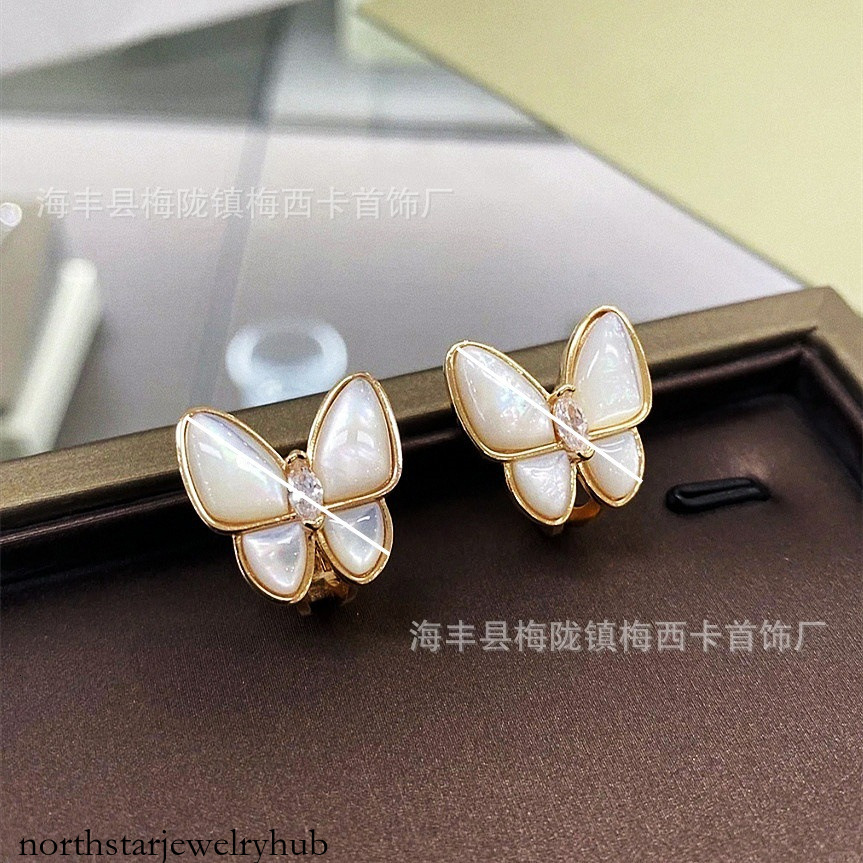 Designer Jewelry vanly White mother-of-pearl butterfly earrings for women, rose gold with diamonds, elegant and high-end fashion, versatile gift, tr