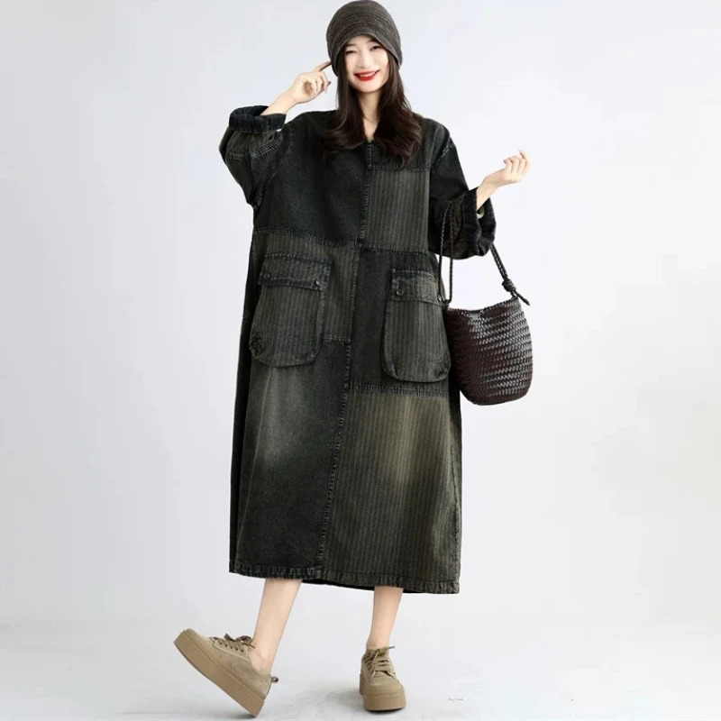 Women Loose Vintage Patchwork Denim Dress Retro Spliced Striped Long Maxi With Pockets Casual European Style Oversized n 261015