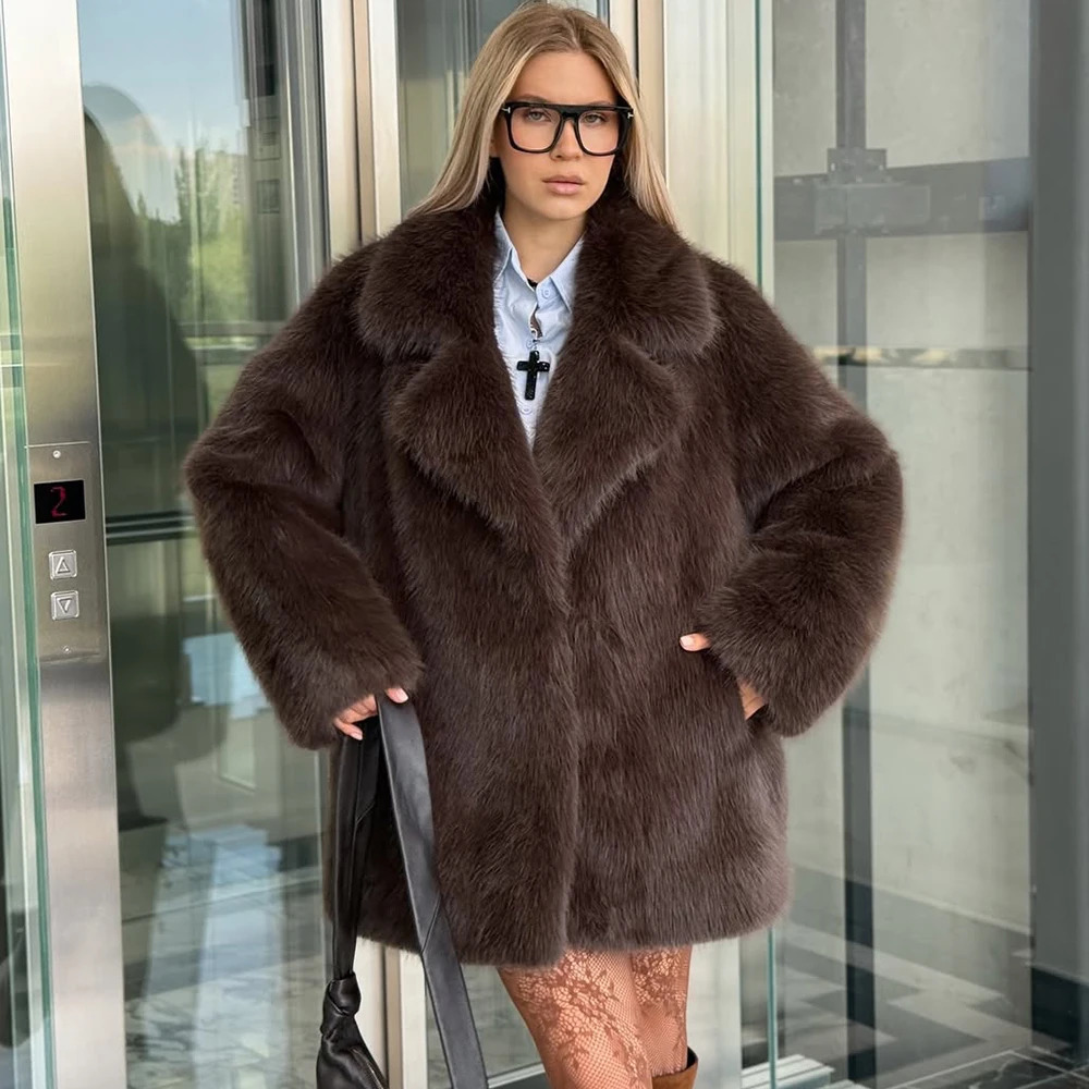 Tuularose Women Elegant Faux Fur Coat Warm Fluffy Loose Long Sleeve Lapel Jacket Fall Winter Fashion High Street Lady Outerwear 261015