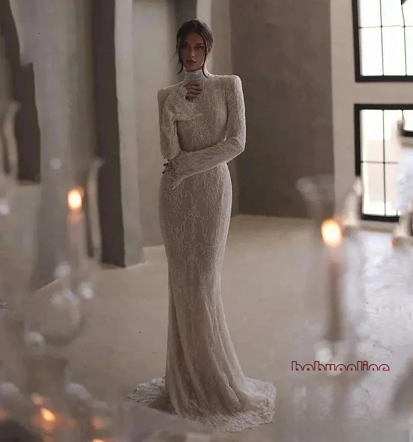 2026 lvory Lace Wedding Dresses High Neck Full Sleeves Pearls Bridal Gowns Women Sweep Train Bride Formal Dress Vestidos De Noiva BC24044