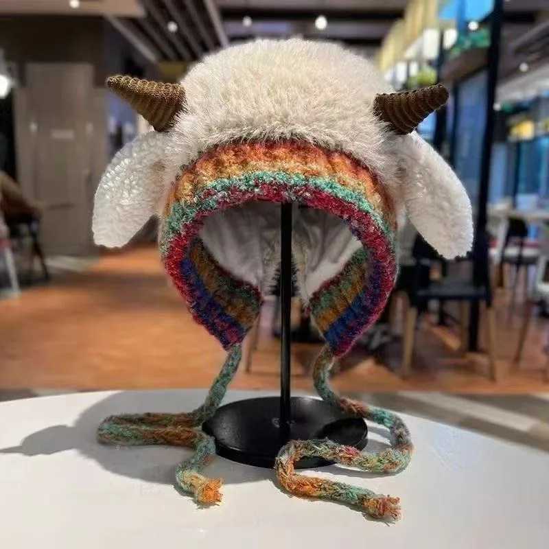 Beanie/Skull Caps 2026 New Women Cute Lamb Ear Fuzzy Knit Hat Warm Ear Flap Beanie Autumn Winter Wool Blend Crochet Cap Q261017