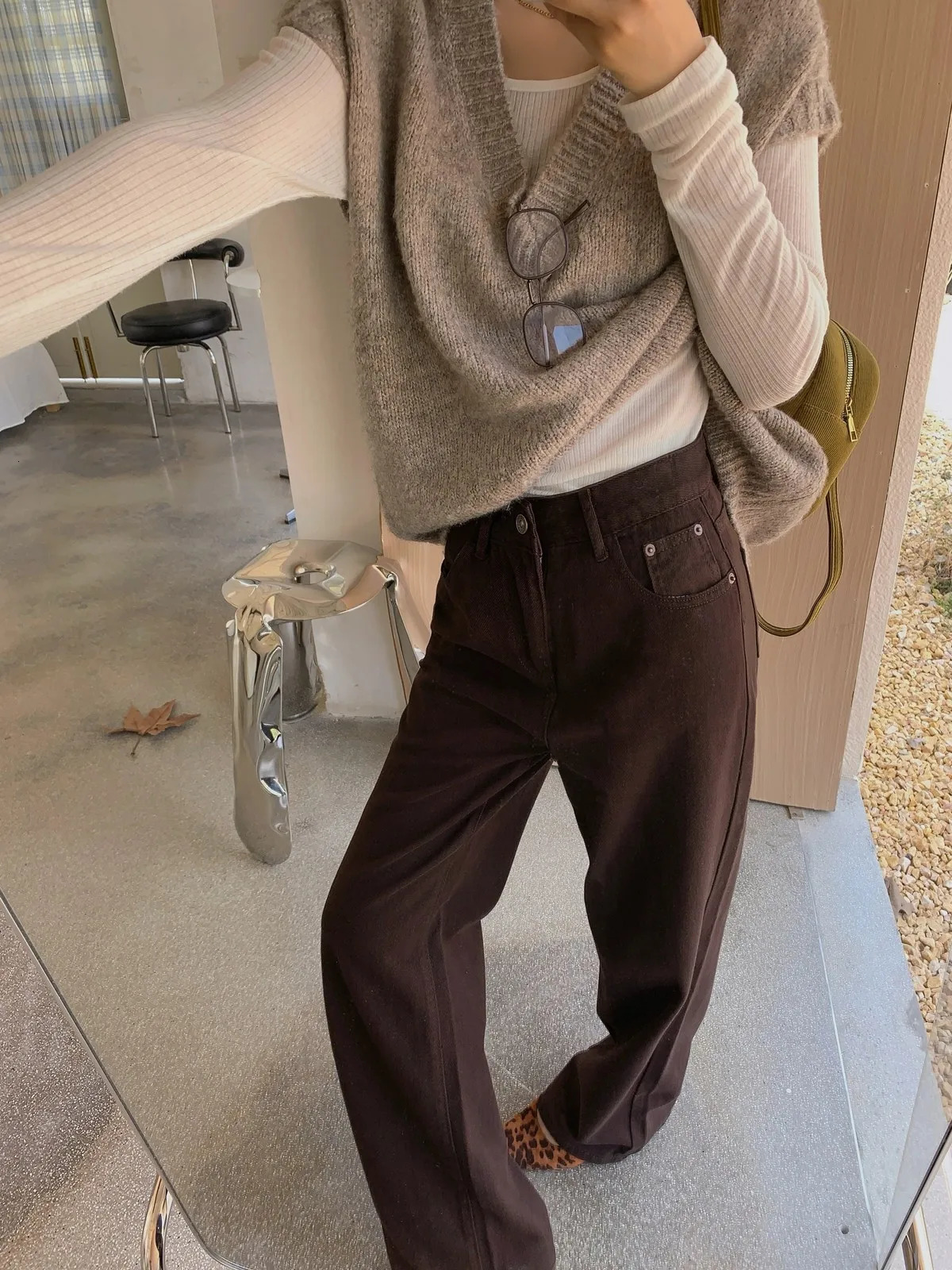 7 Colors Brown High Waist Straight Jeans Women Vintage Wide Leg Full Length Denim Pants Autumn 261016