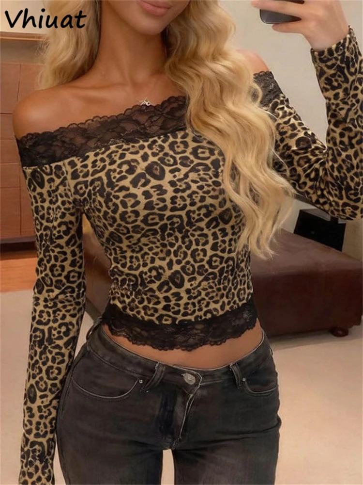 Vhiuat Autumn Winter Leopard Print Lace Long Sleeve Off Shoulder T Shirt Streetwear 2026 Women Y2K Clothes Skinny Cropped Tops 261014