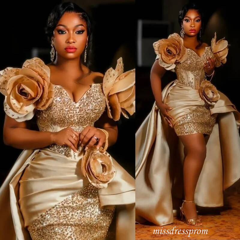 Plus Size Champagne Gold Cocktail For Women Illusion High Low Split Train Gown Crystal Pearls Pleated Beaded Lace Birthday Dress Short Prom Dresses