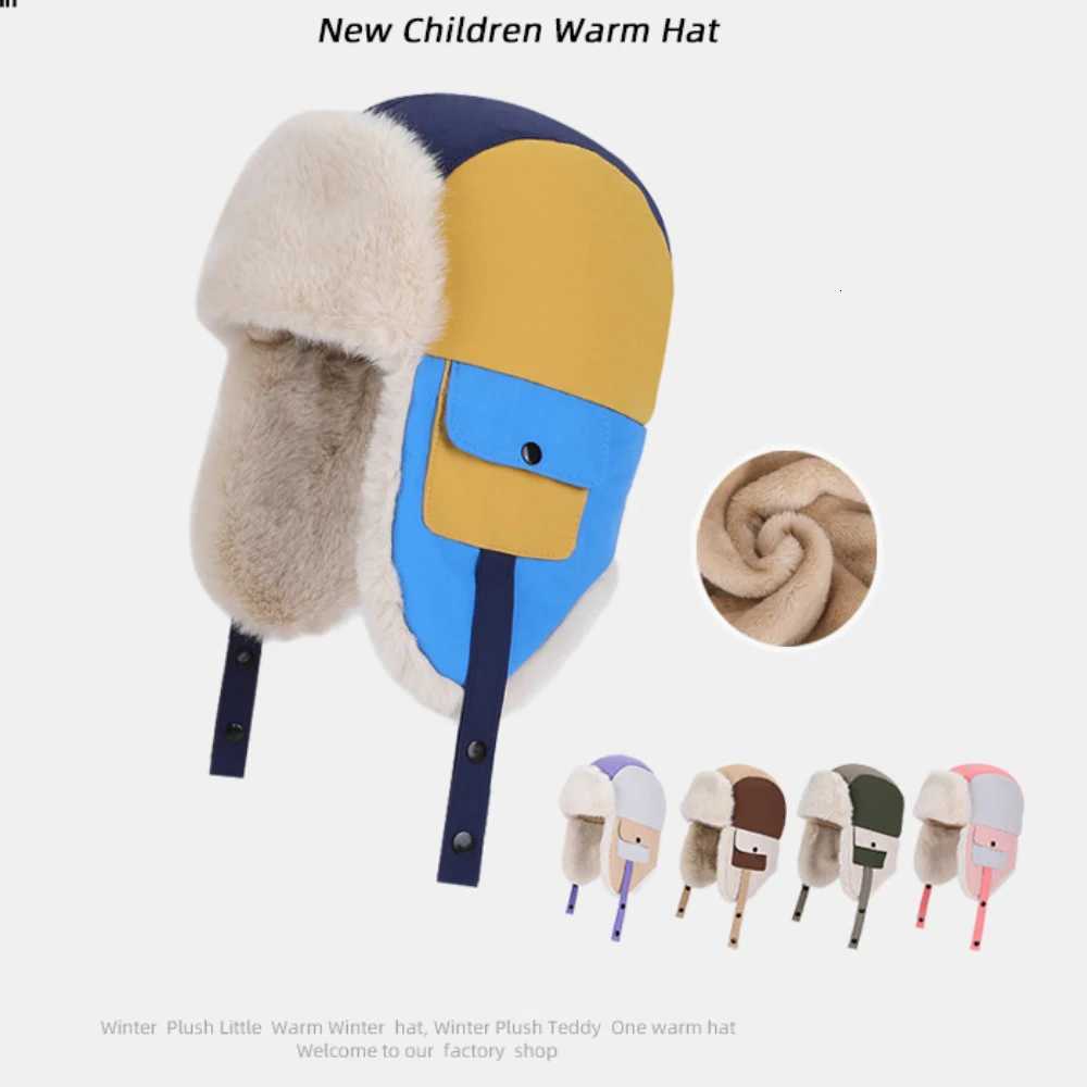 Trapper Hats HT4869 Children Winter Hat Thick Warm Outside Snow Ski Earflap Cap Boys Girls Patchwork Russian Hat Windproof Trapper Bomber HatT261017