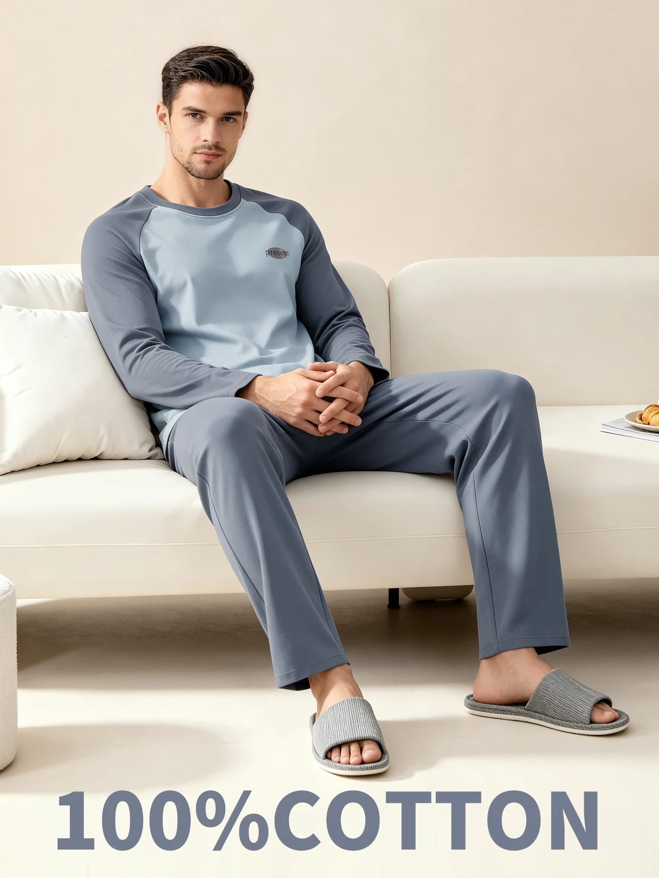 Mens 100% Cotton Long Sleeved Four Season Plus Size Sleepwear Teenage Pure Home Suit Set for Warmth 261017