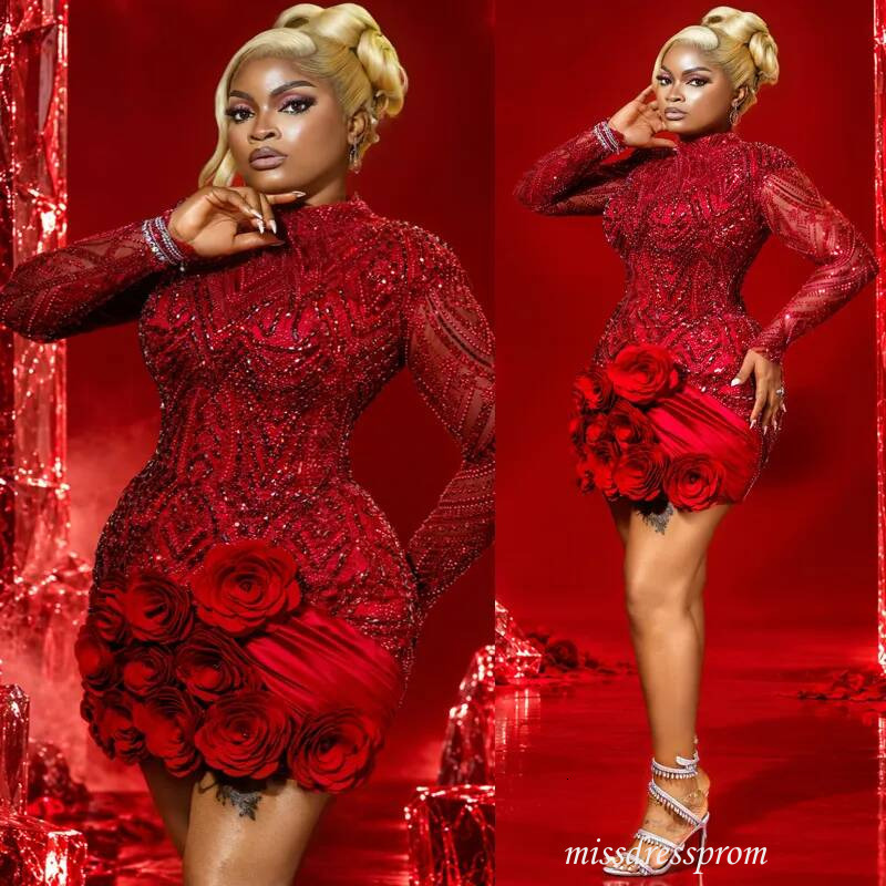 Plus Size Dark Red Cocktail For Women Short Prom Dresses Illusion High Neck Homecoming Crystal Pearls Pleated Beaded Lace Birthday Dress C558