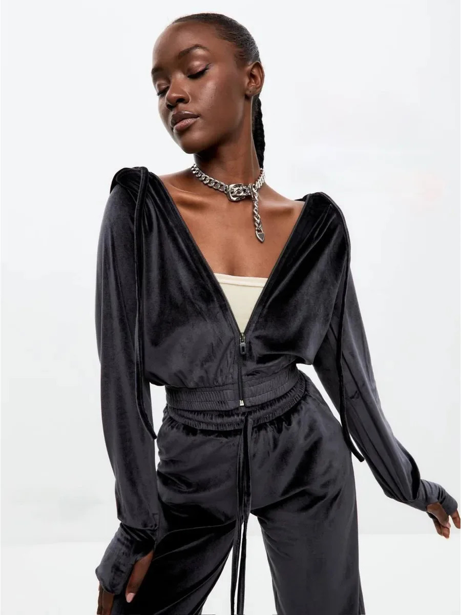 Sexy Spice set long-sleeved hooded cardigan lace-up trousers 2-piece fashion casual sports set women's clothes long pants set 261016