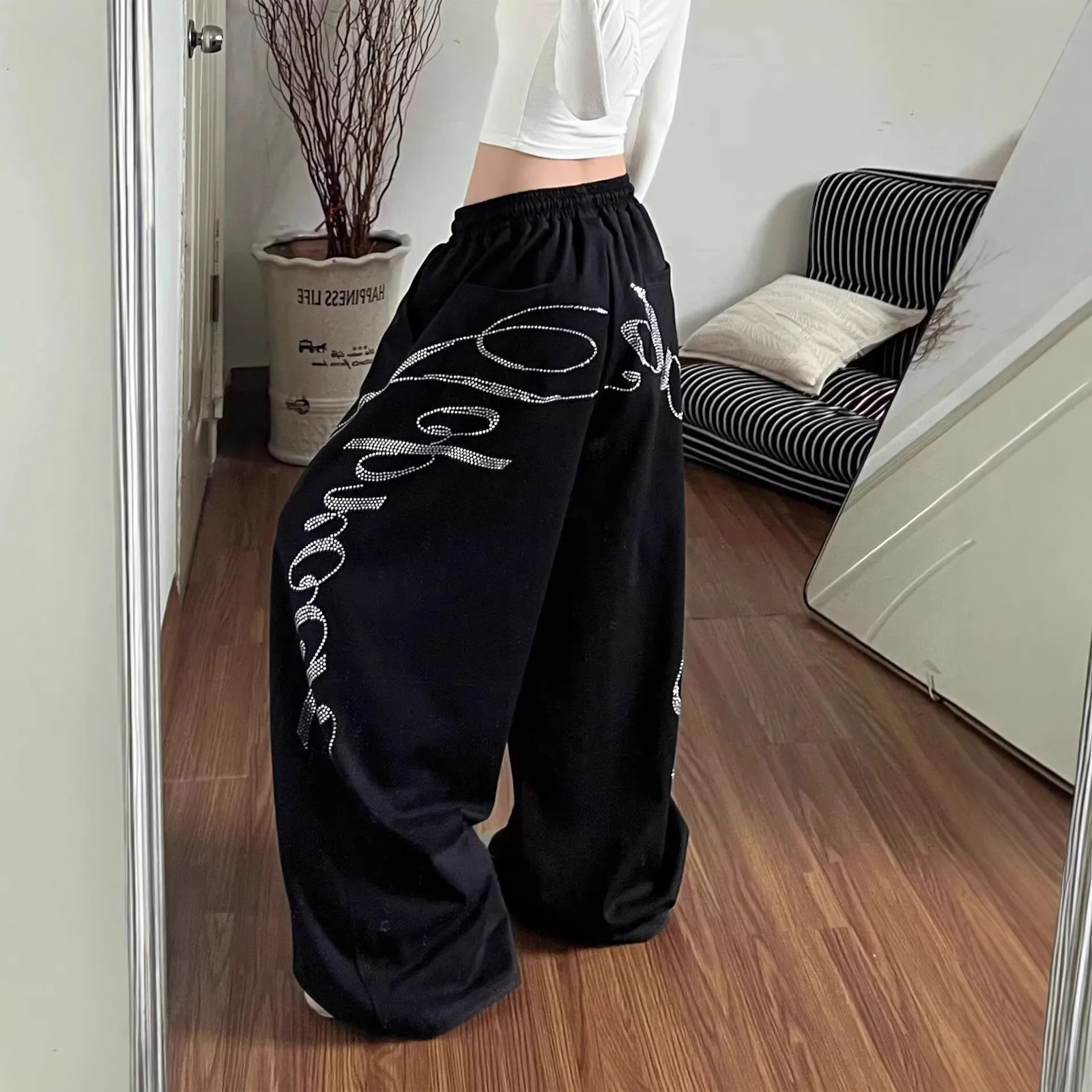 Summer Women Black Gothic Baggy Y2k Letter Pants Korean Fashion Vintage Oversize Hip-pop Sweatpants Wide Leg Trouser 261016