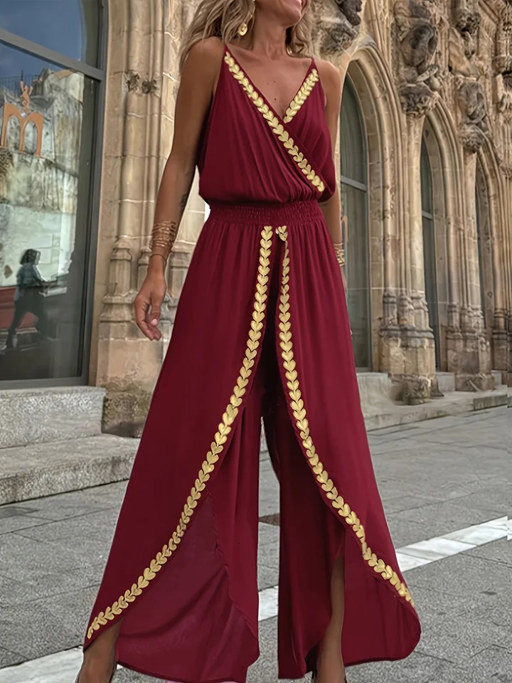 Women's Casual Purple Jumpsuit Gold Embellished Wrap Neck Split Legs High Waist Great for Bohemian Trips City Walks 261015