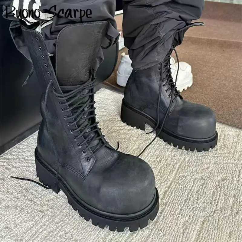 2025 New Luxury Designer Round Toe Thick Sole Platform Chunky Heels Men Women Boots Lace Up Large Size Fashion Unisex Punk Shoes Q261015