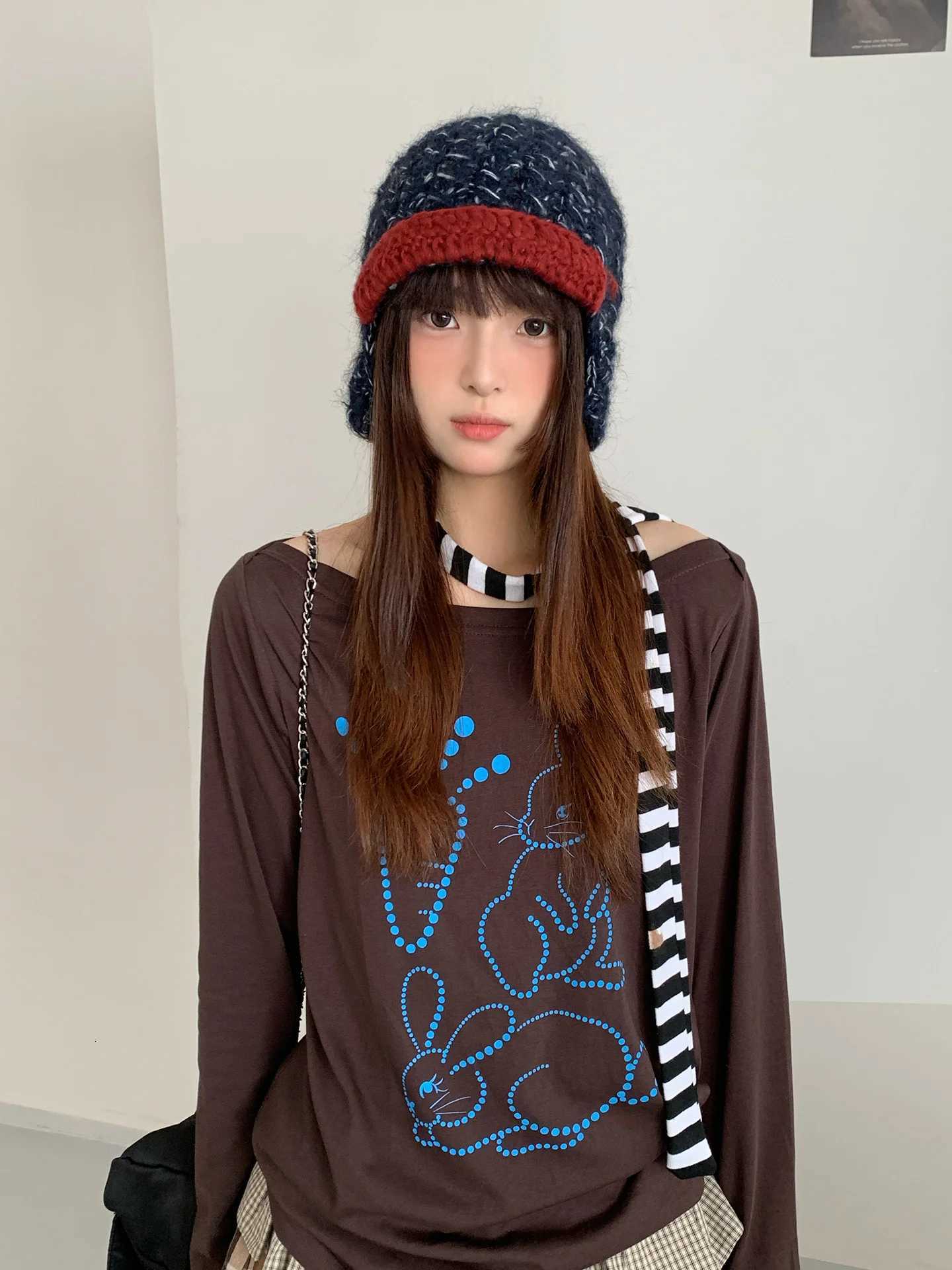 Trapper Hats New Pink Drawstring Earmuffs Knitted Hat For Women Autumn And Winter Warmth Versatile Knitted Hat Flight HatT261017
