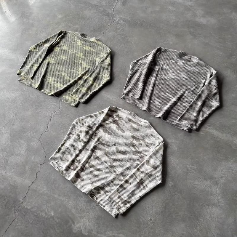 T-shirt à manches longues en tricot gaufré pour hommes et femmes, coupe décontractée, tissu doux, Style de rue quotidien