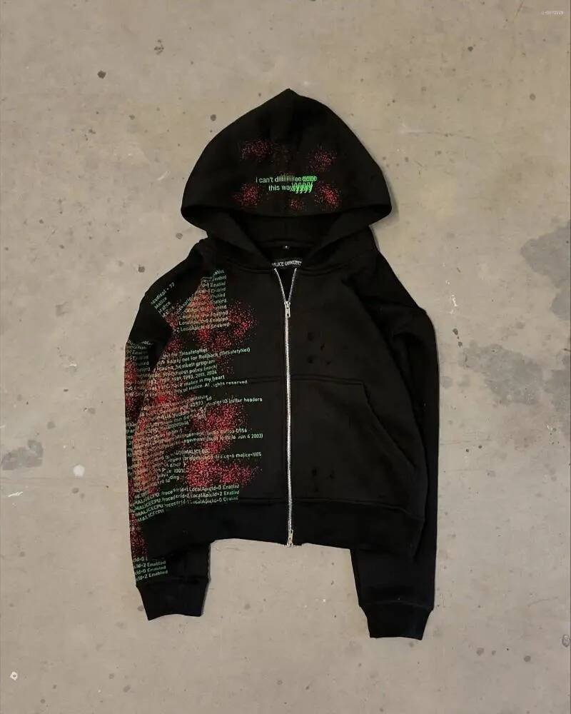 Retro Grunge Hip Hop Zip Up Hoodie Gothic Pattern Oversized Loose Sweatshirt for Men and Women Harajuku Streetwear Fashion