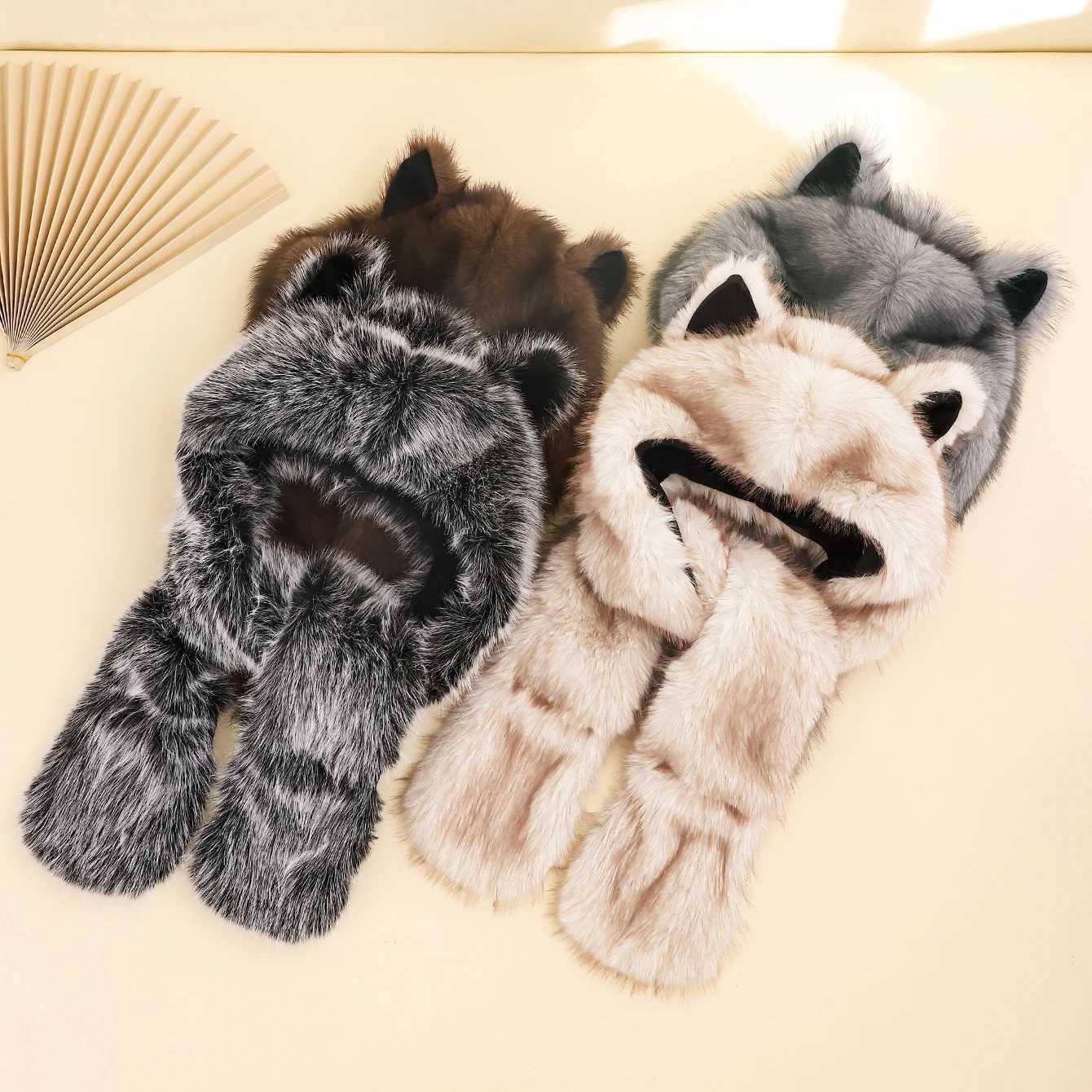 Trapper Hats Winter Faux Fox Fur Scarf Hat Gloves Set Outdoor Warm Dual Color Plush Earflap Beanie Unisex Cold Weather AccessoriesT261017