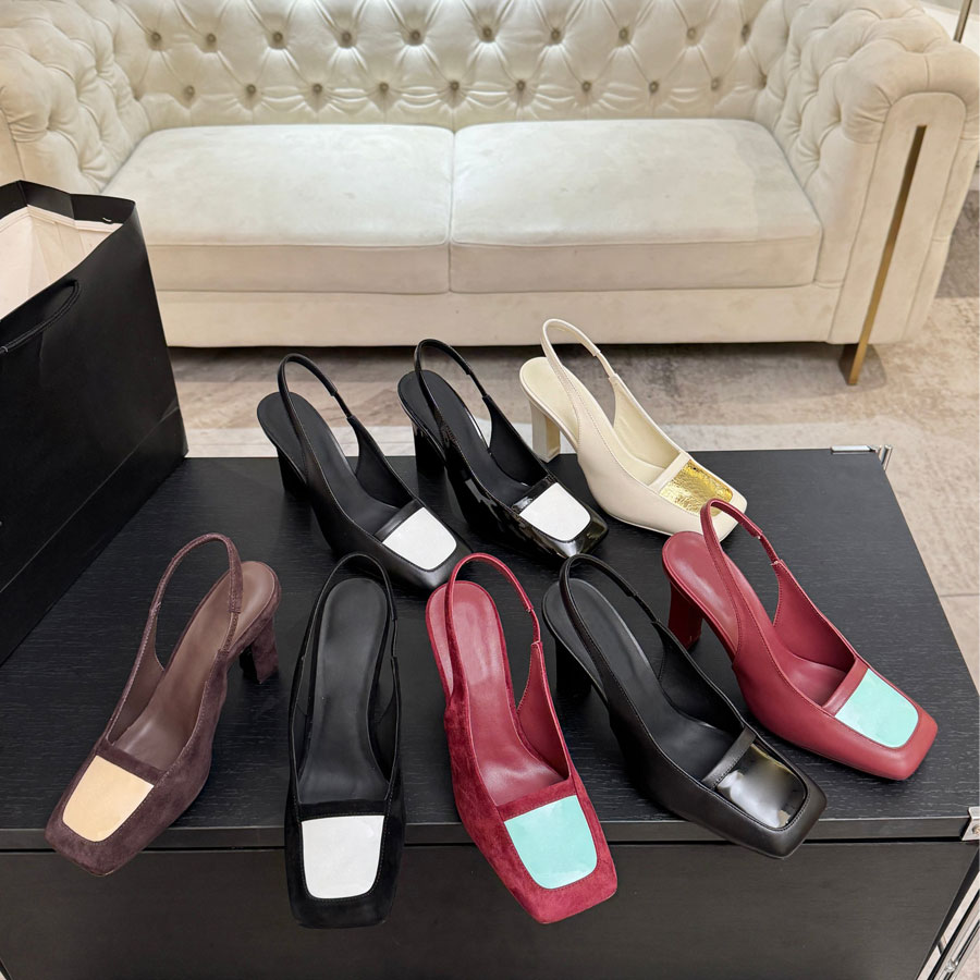top quality Metal buttons real Leather Square-toe slingbacks sandals Chunky High-heels dress shoes pumps shoes Luxury designer party Evening shoes B